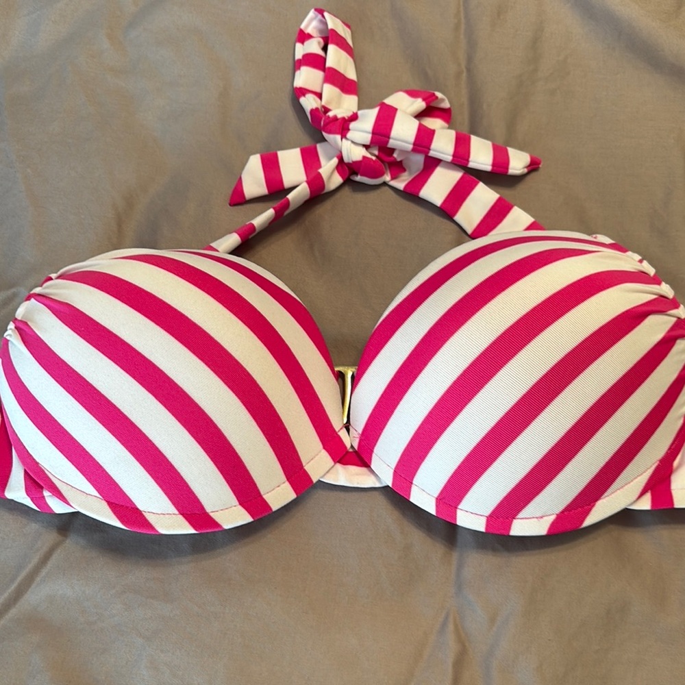 Pink and white striped bikini top - Large